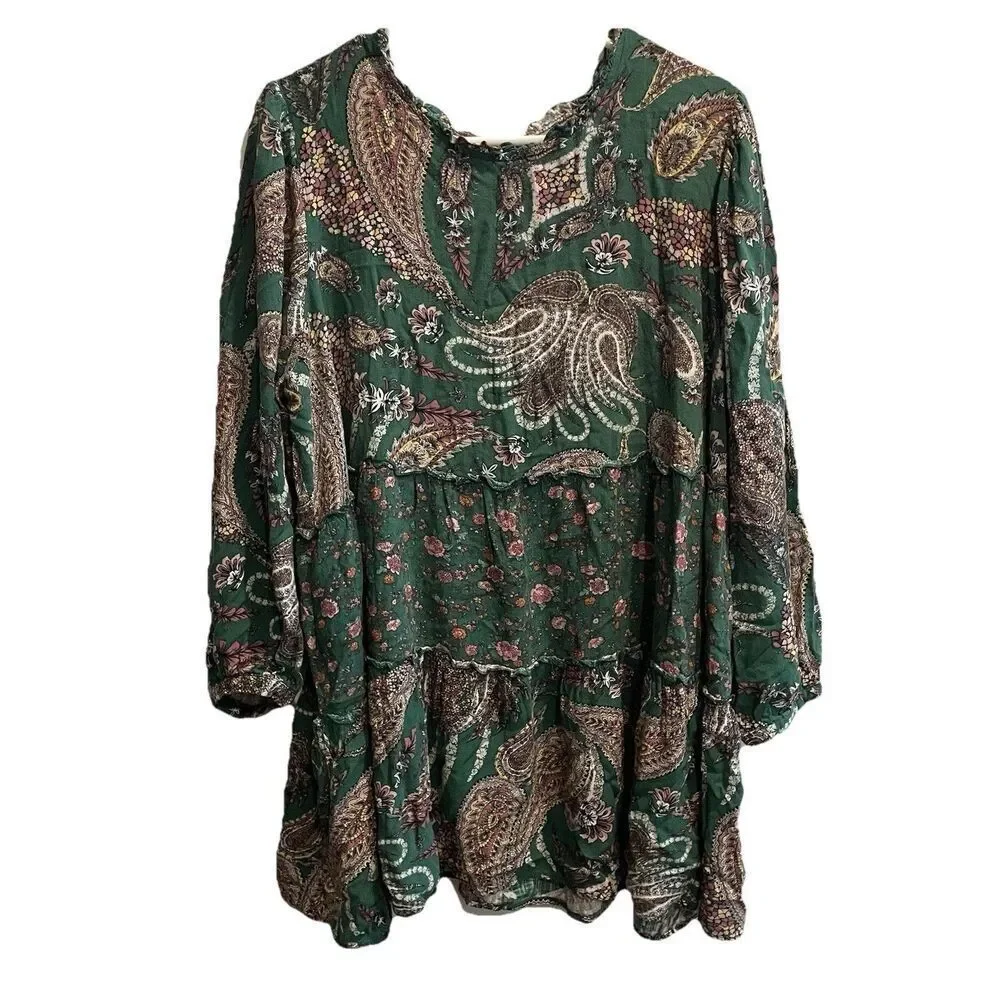 Wonderly Green Floral Women's Paisley Tiered Boho Top Sz 2X Tunic Dress Prairie